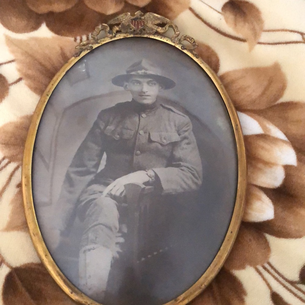 Vintage rare stairway art found photo WWI black & white war bubble brass frame